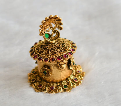 Antique gold tone kemp-green peacock flower kumkum box dj-46656