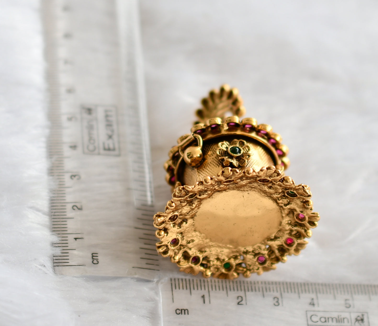 Antique gold tone kemp-green peacock flower kumkum box dj-46656