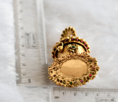 Antique gold tone kemp-green peacock flower kumkum box dj-46656