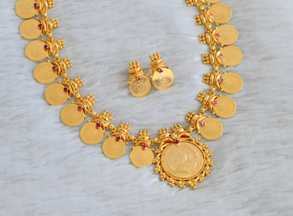 Gold tone ruby kerala style lakshmi coin haar set dj-48375