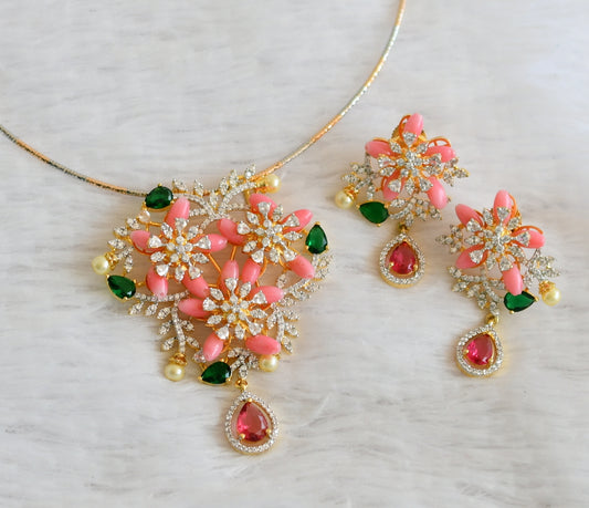 Two tone cz magenta pink-green stone baby pink-pearl beaded flower kanti necklace set dj-50368