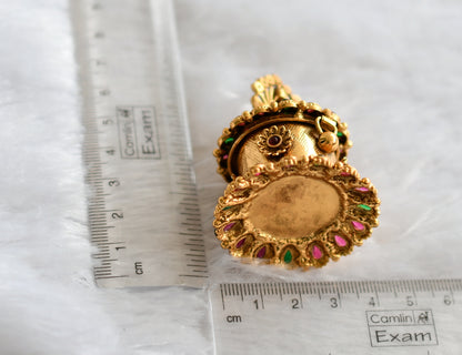 Antique gold tone kemp-green peacock flower kumkum box dj-46651