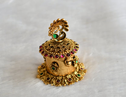 Antique gold tone kemp-green peacock flower kumkum box dj-46655