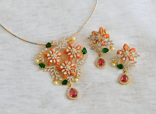 Two tone cz magenta pink-green stone orange-pearl beaded flower kanti necklace set dj-50369