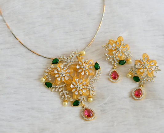 Two tone cz magenta pink-green stone yellow-pearl beaded flower kanti necklace set dj-50370