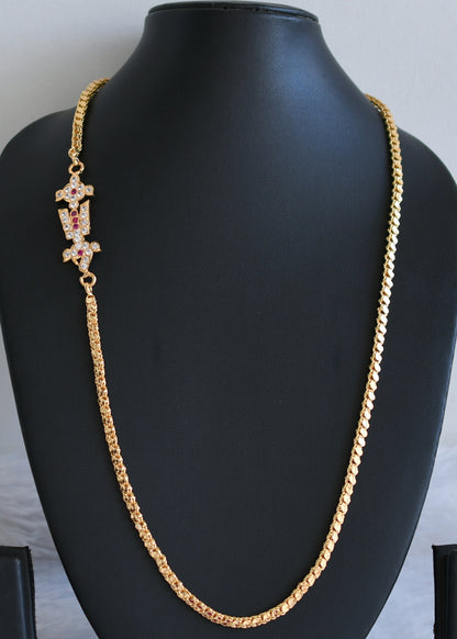 Gold tone ad pink-white shanku-chakra-nama 24 inches mugappu chain dj-48378