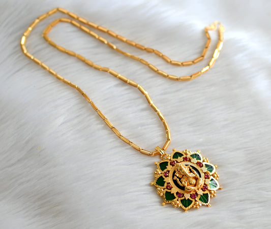 Gold tone 30 inches chain with pink green palakka ganesha pendant dj-43429