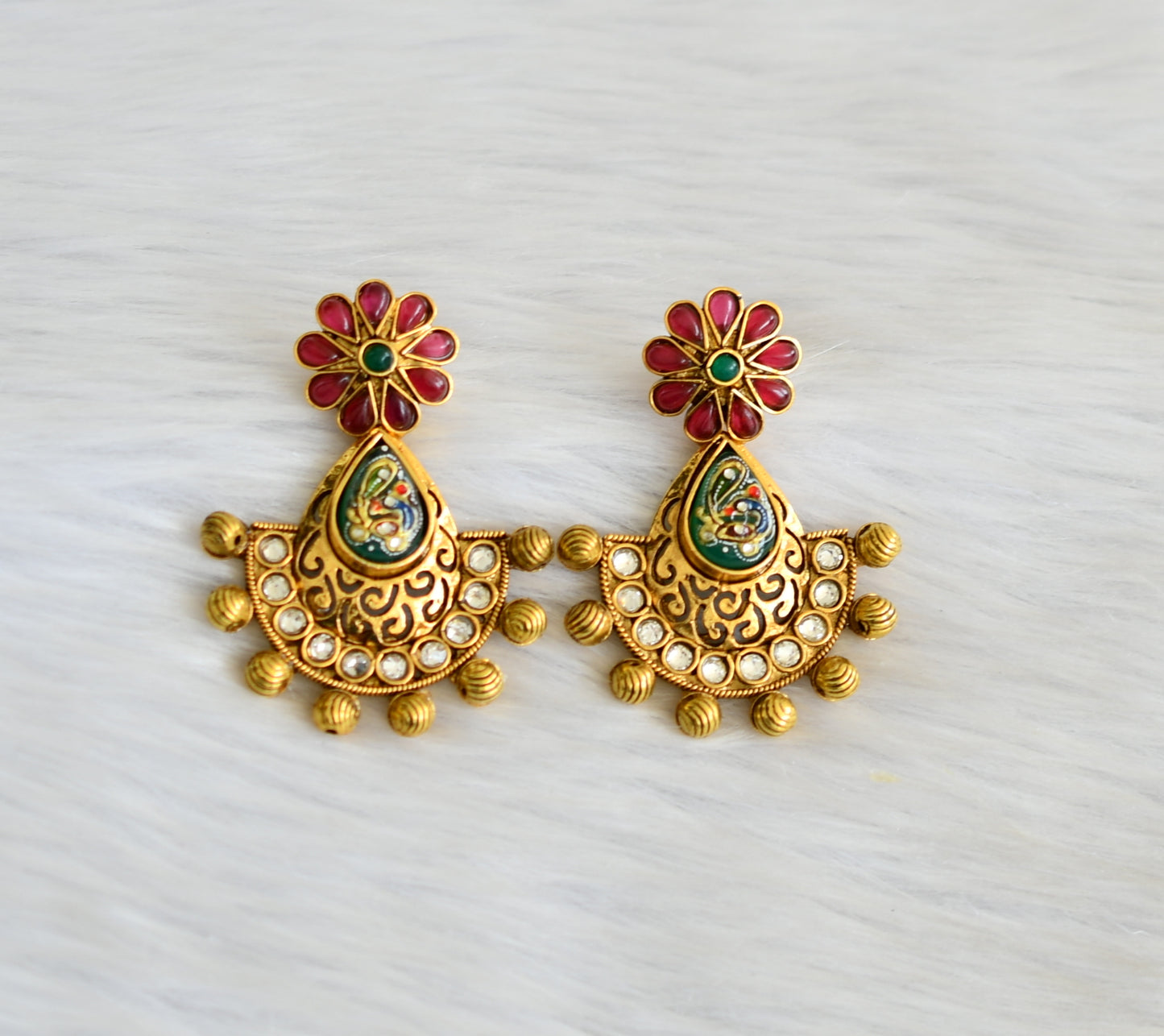 Antique gold tone Pink-green meenakari work Earrings dj-42131