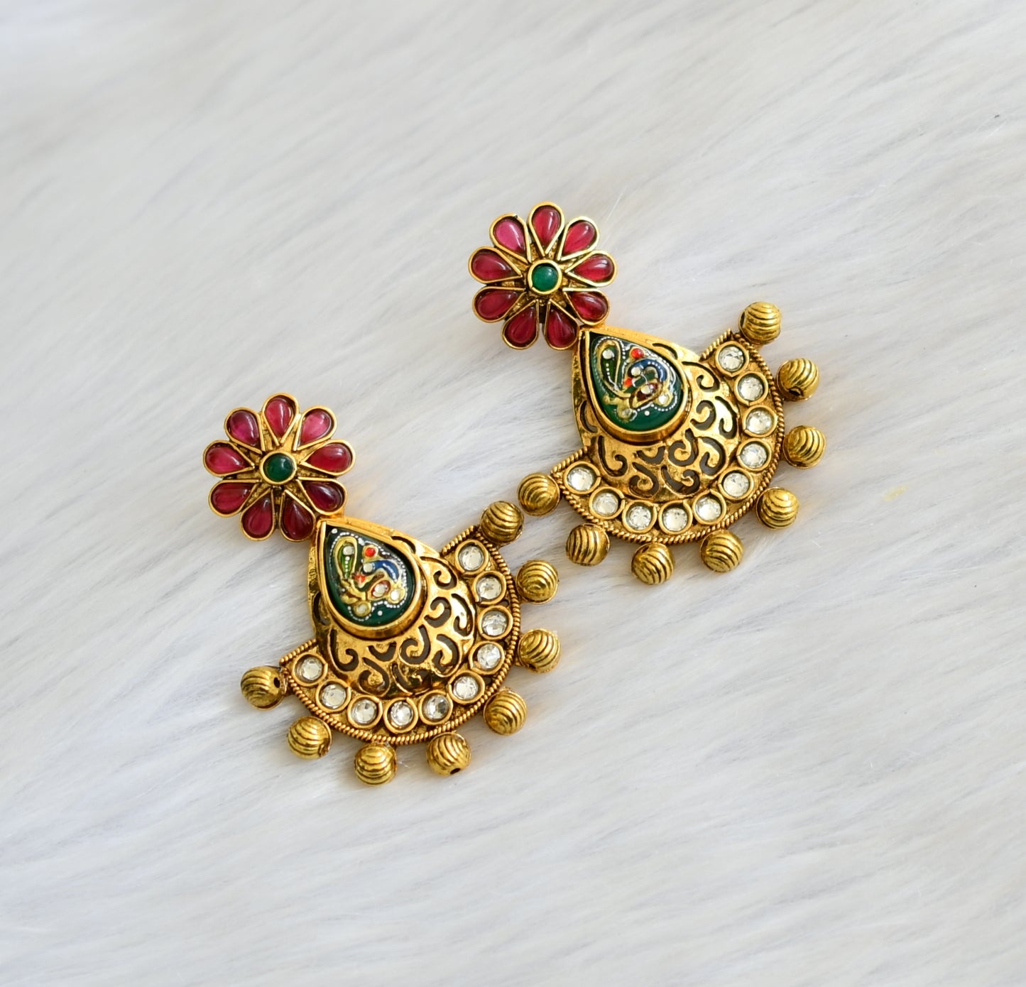 Antique gold tone Pink-green meenakari work Earrings dj-42131
