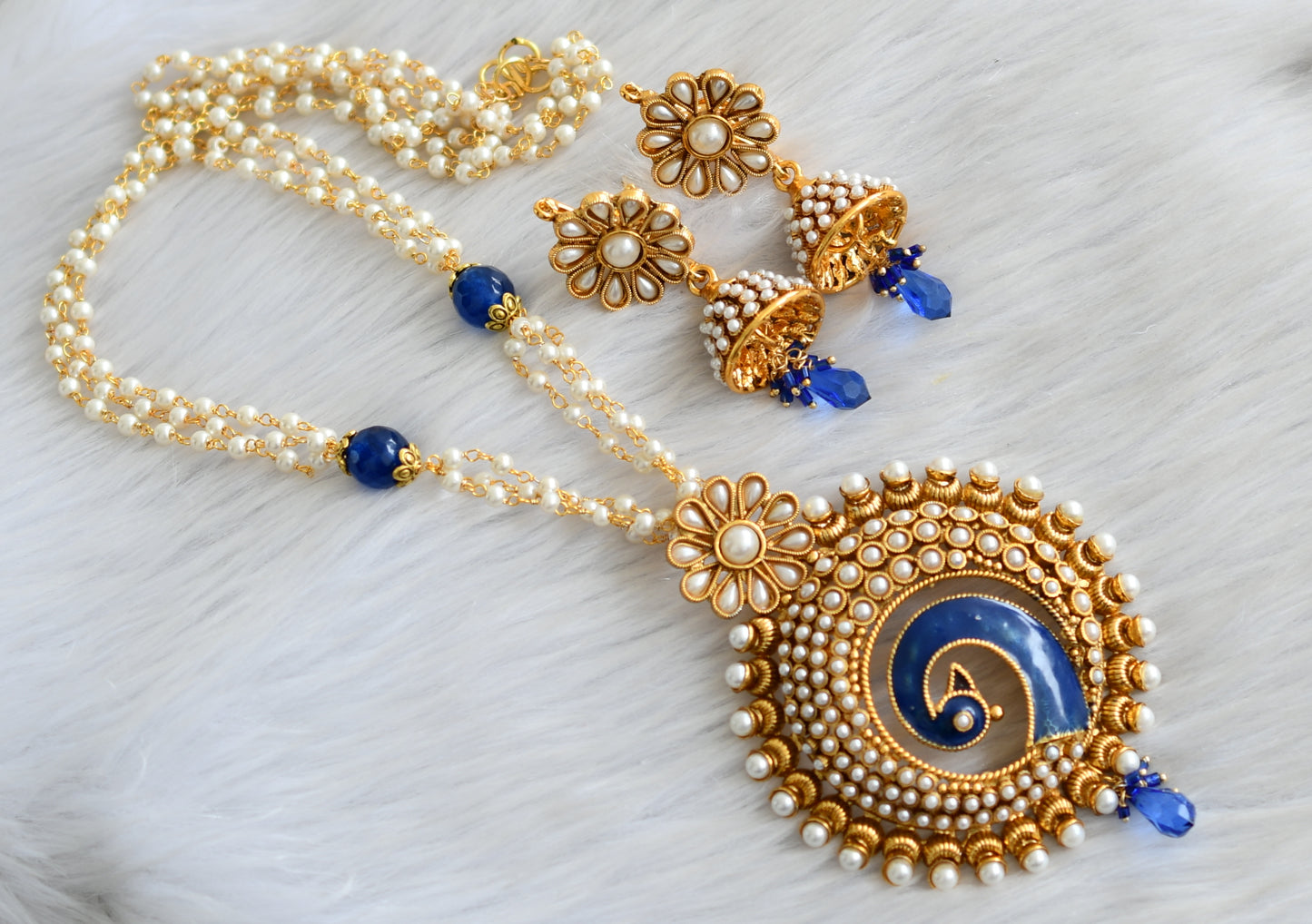 Antique blue pearl peacock necklace set dj-42139 – dreamjwell