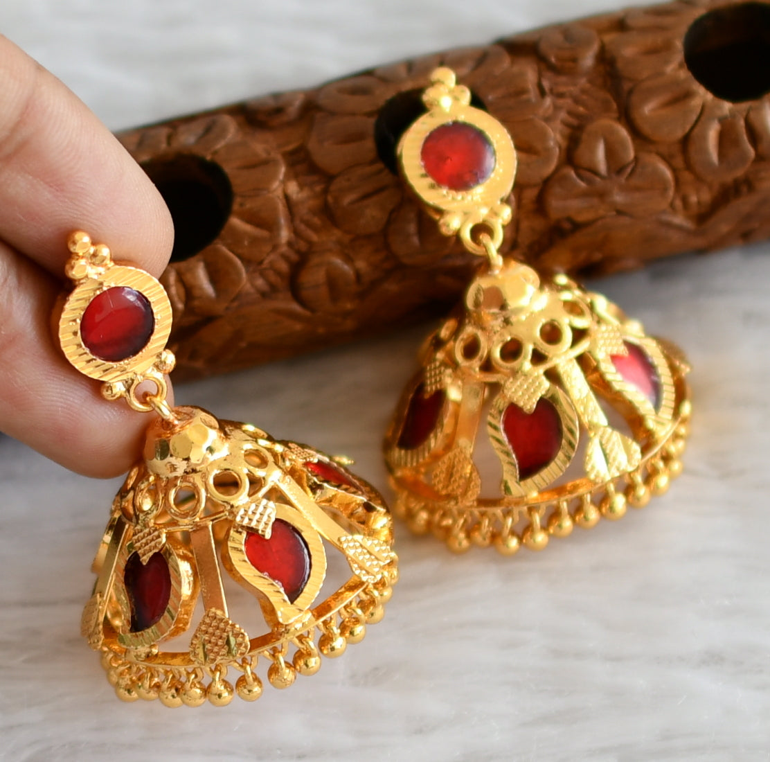 Gold tone kerala style red mango 5 petal jhumkka dj-48387