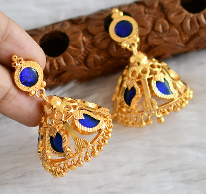 Gold tone kerala style blue mango 5 petal jhumkka dj-48388