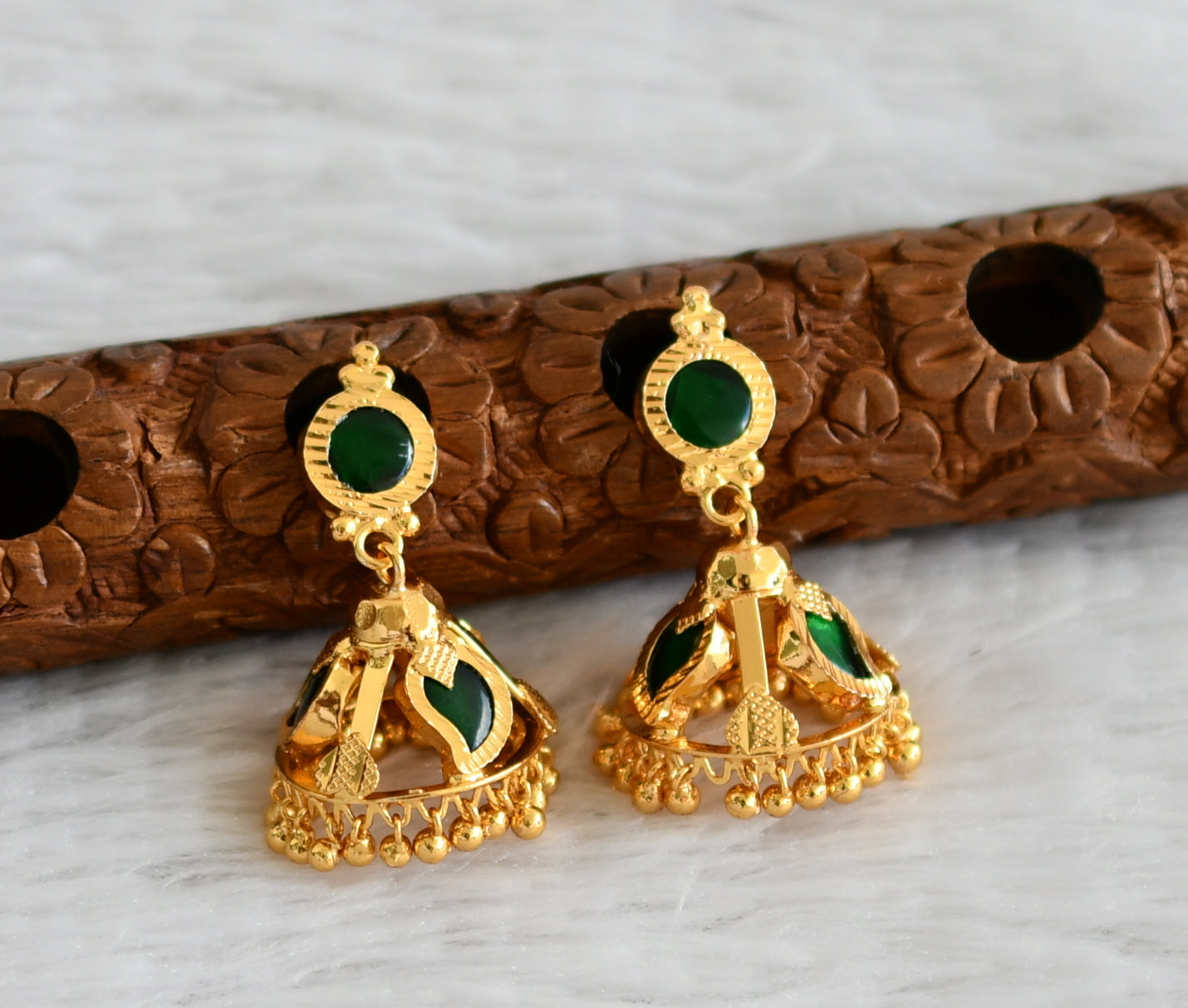 Gold tone kerala style green mango 3 petal of jhumkka dj-48380