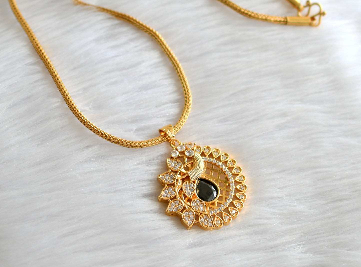 Gold tone 24 inches chain with cz black-white peacock pendant dj-43436