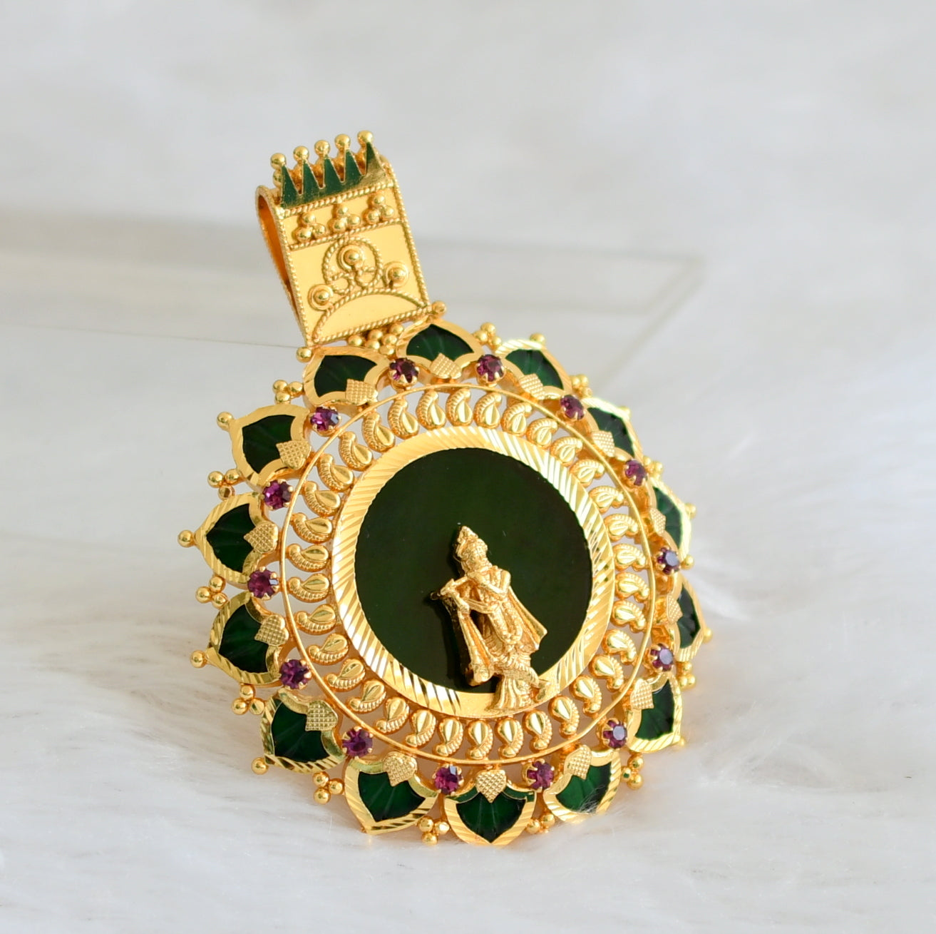 Gold tone pink-green palakka green Krishna Kerala style pendant dj-43163