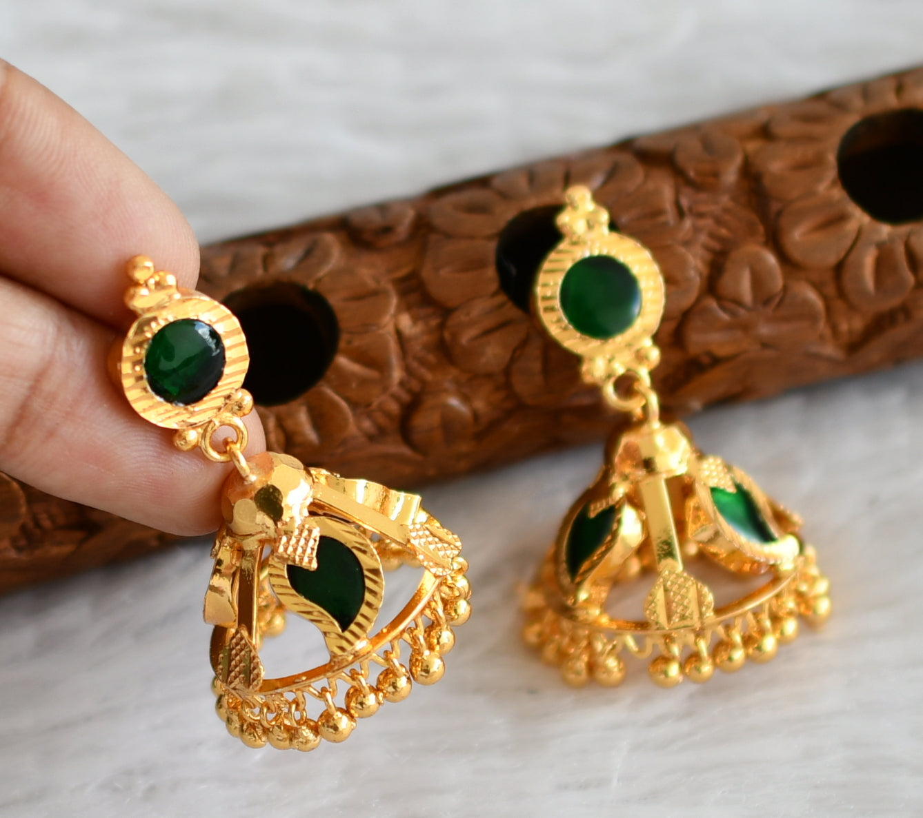 Gold tone kerala style green mango 3 petal of jhumkka dj-48380