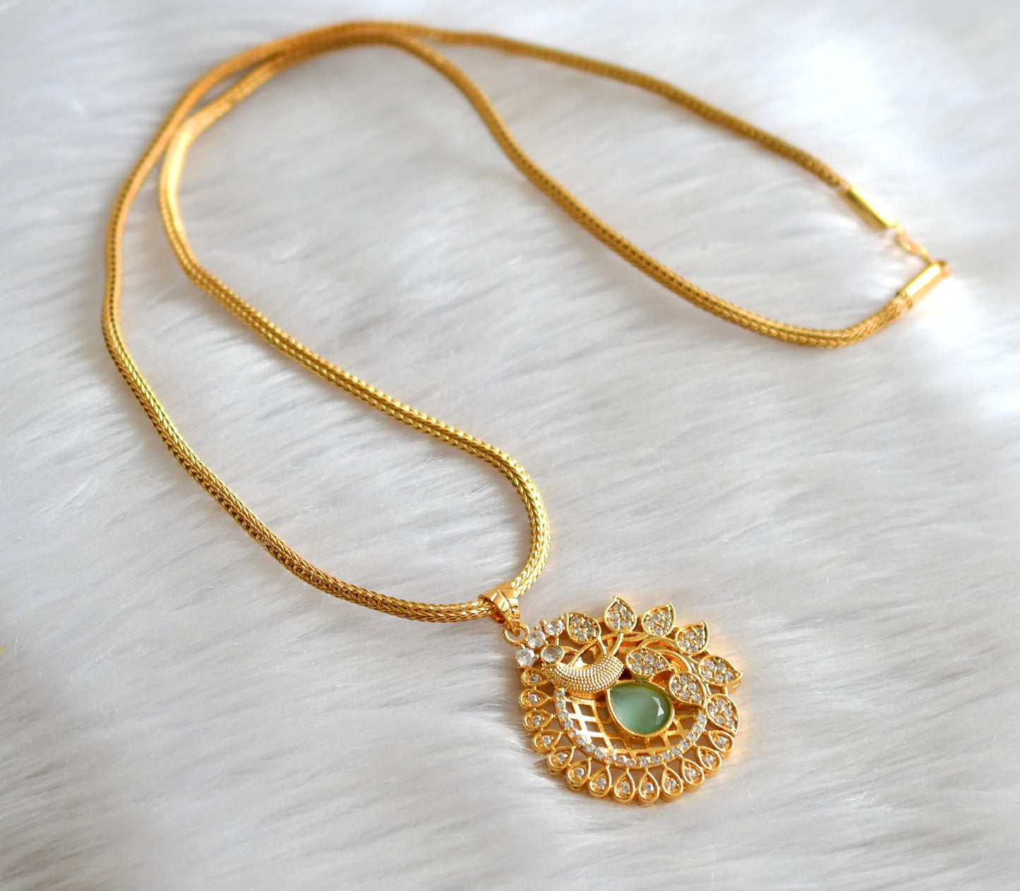 Gold tone 24 inches chain with cz sea green- white peacock pendant dj-43438