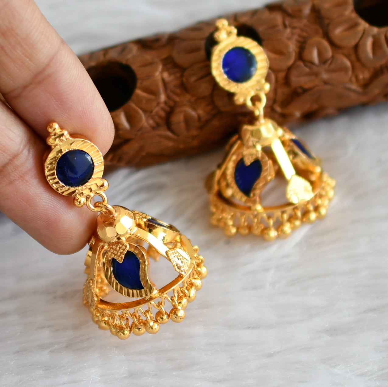 Gold tone kerala style blue mango 3 petal jhumkka dj-48382