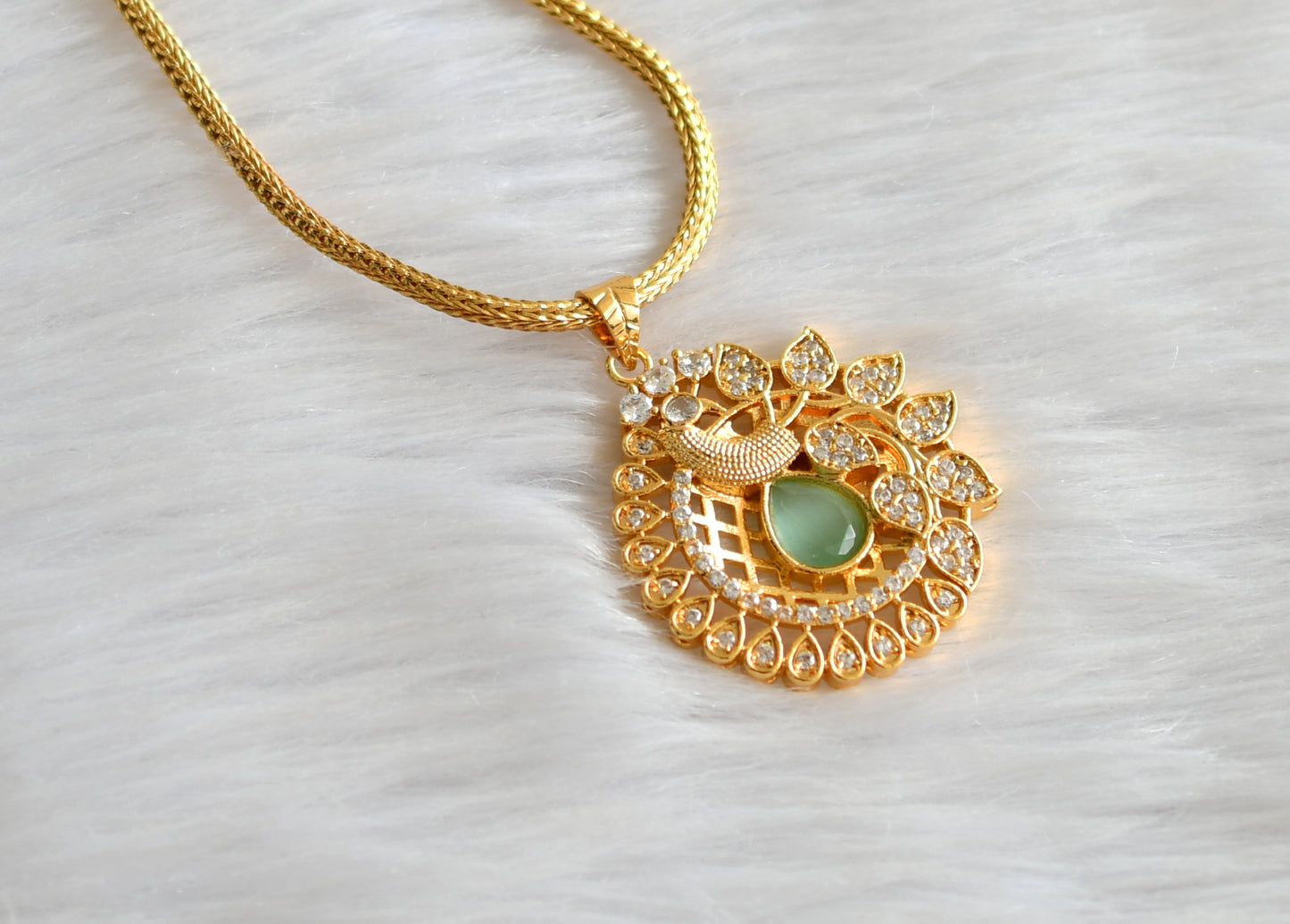 Gold tone 24 inches chain with cz sea green- white peacock pendant dj-43438