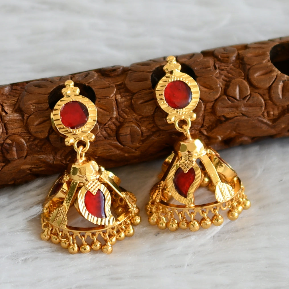 Gold tone kerala style red mango 3 petal jhumkka dj-48381