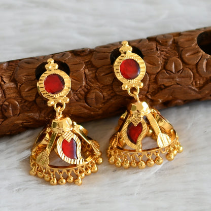 Gold tone kerala style red mango 3 petal jhumkka dj-48381