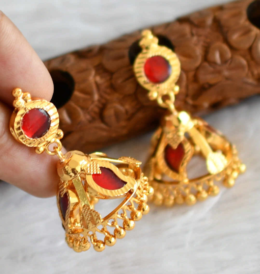 Gold tone kerala style red mango 3 petal jhumkka dj-48381