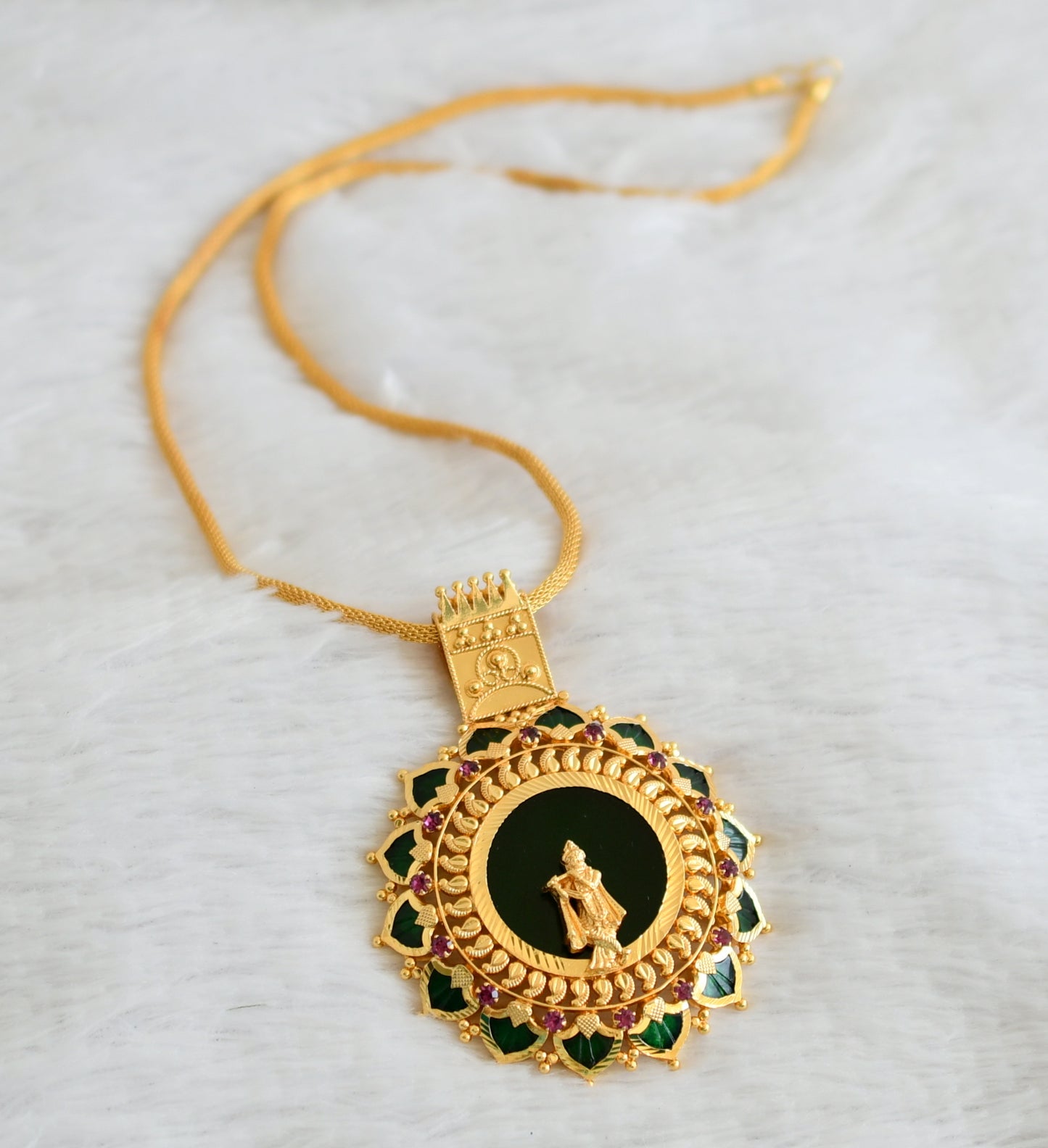 Gold tone pink-green palakka green Krishna Kerala style pendant with chain dj-43164