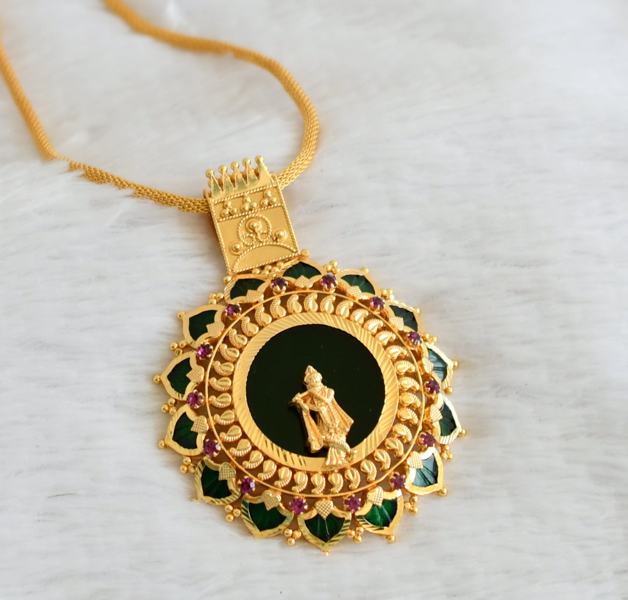 Gold tone pink-green palakka green Krishna Kerala style pendant with chain dj-43164