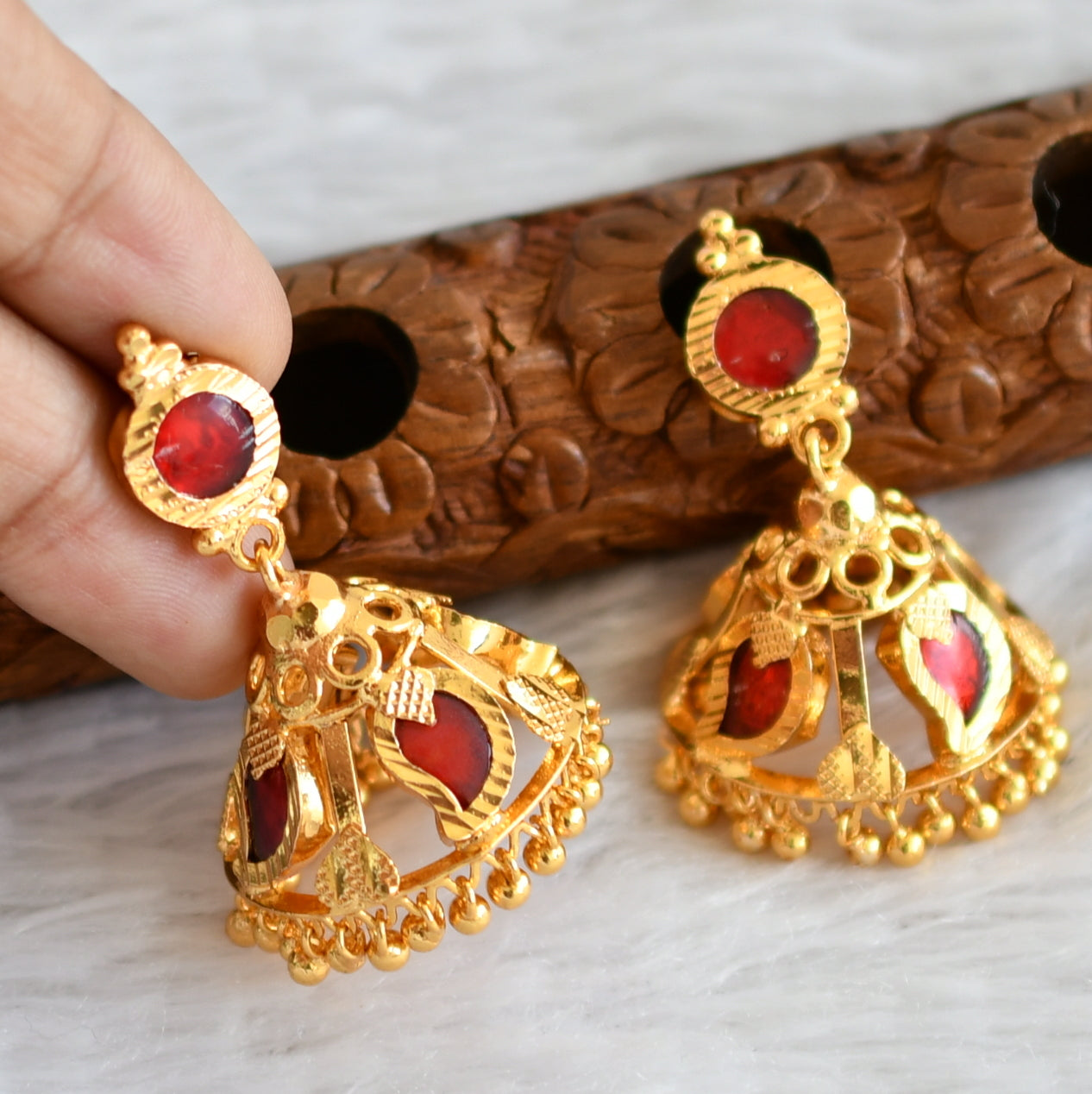 Gold tone kerala style red mango 4 petal jhumkka dj-48384