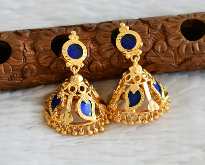 Gold tone kerala style blue mango 4 petal jhumkka dj-48385