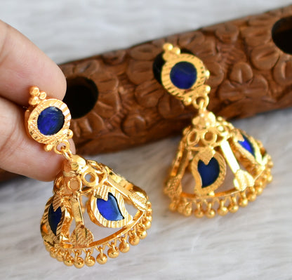 Gold tone kerala style blue mango 4 petal jhumkka dj-48385