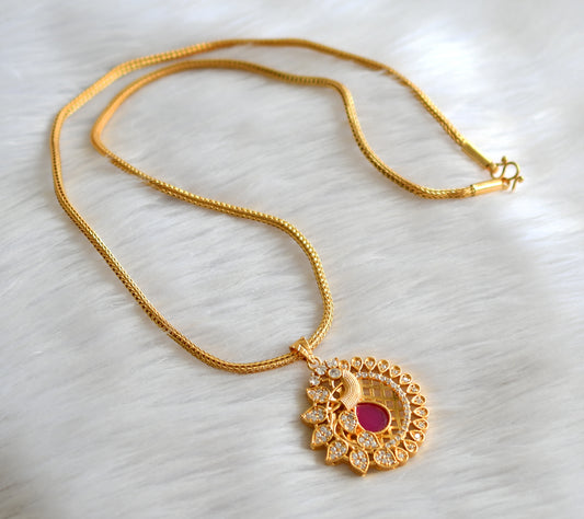 Gold tone 24 inches chain with cz ruby-white peacock pendant dj-43435