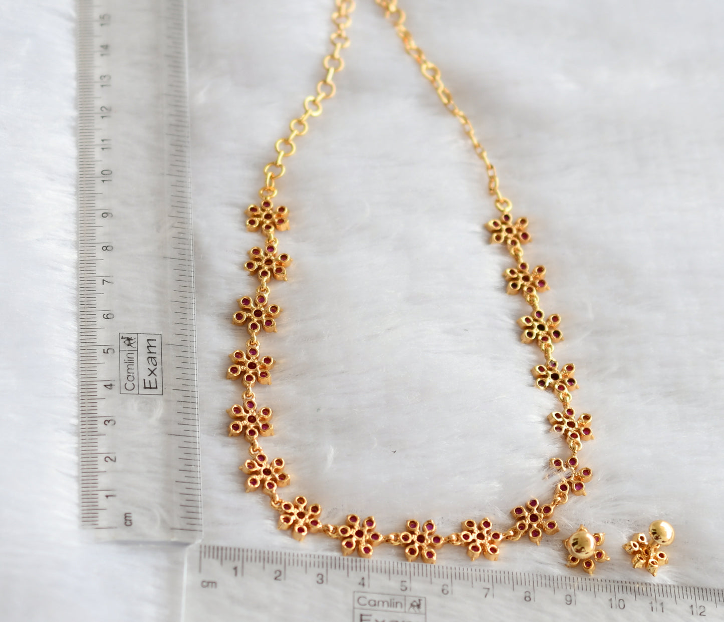 Gold tone ad pink stone flower necklace set dj-46658