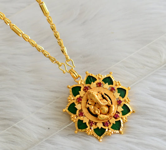 Gold tone pink-green palakka Ganesha Kerala style pendant with chain dj-39220