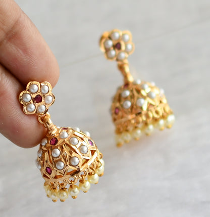 Gold tone south indian pink-pearl flower jhumkka dj-46674