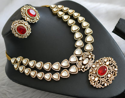 Matte finish cz white-red kundan stone necklace set dj-42166