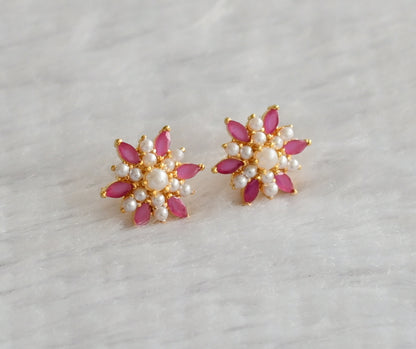 Gold tone ruby-pearl flower stud/earrings dj-46683