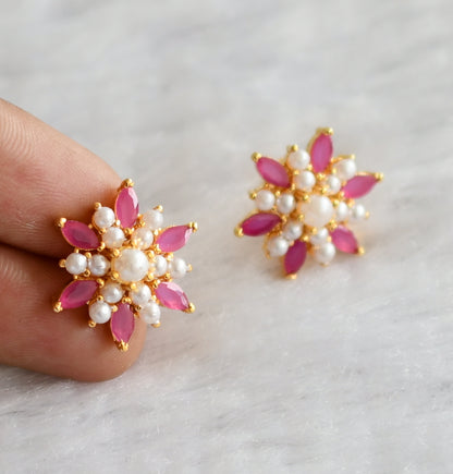 Gold tone ruby-pearl flower stud/earrings dj-46683