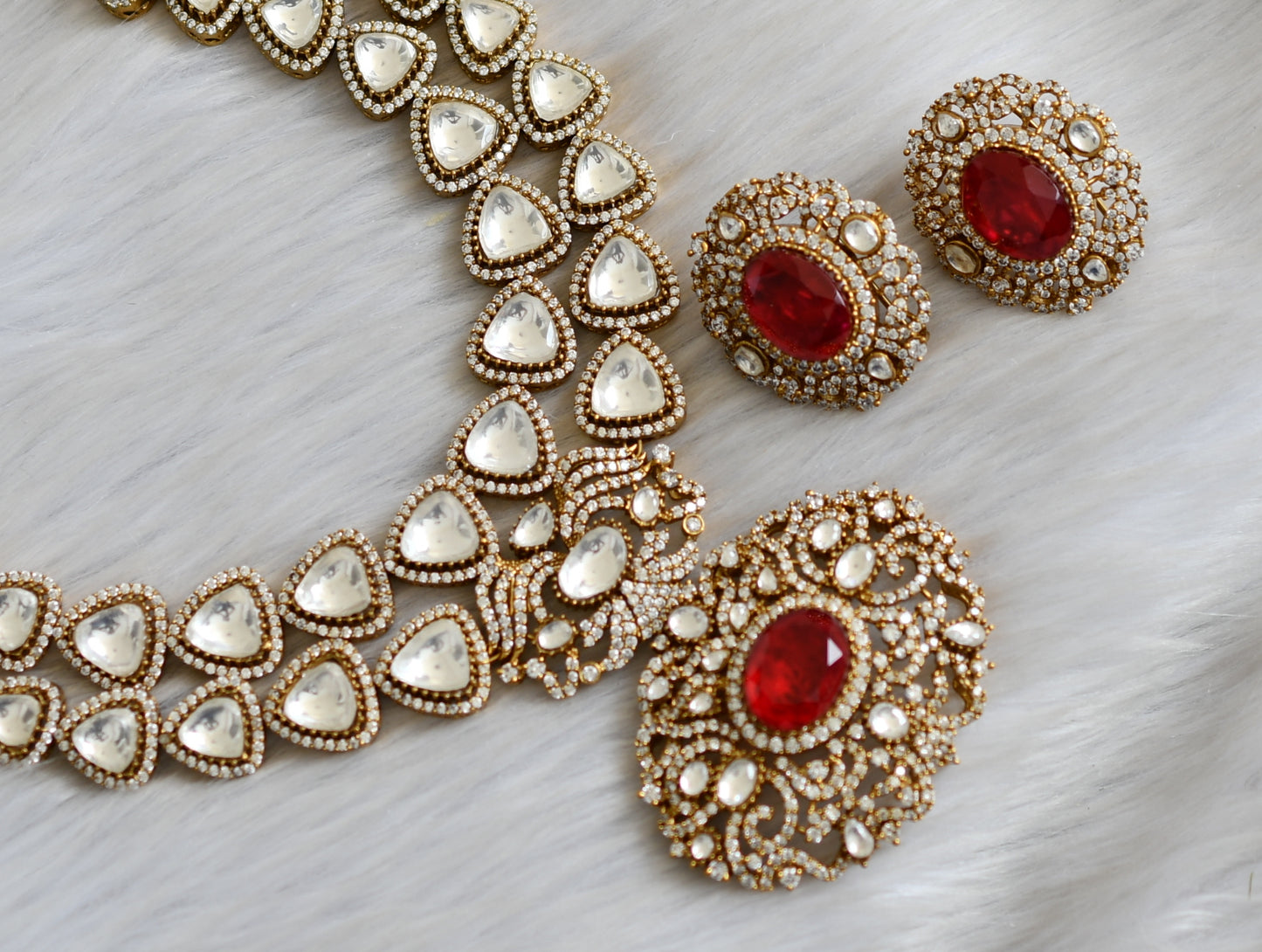 Matte finish cz white-red kundan stone necklace set dj-42166