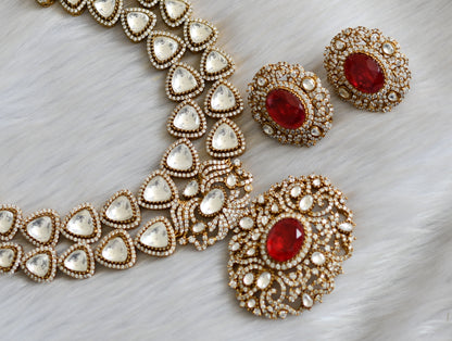 Matte finish cz white-red kundan stone necklace set dj-42166