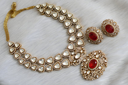 Matte finish cz white-red kundan stone necklace set dj-42166