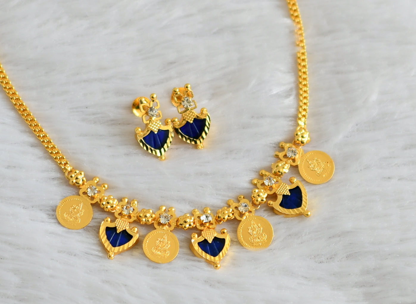 Gold tone blue-white kerala style palakka lakshmi coin necklace set dj-48448