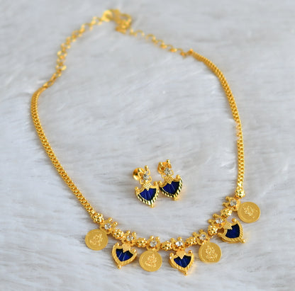 Gold tone blue-white kerala style palakka lakshmi coin necklace set dj-48448