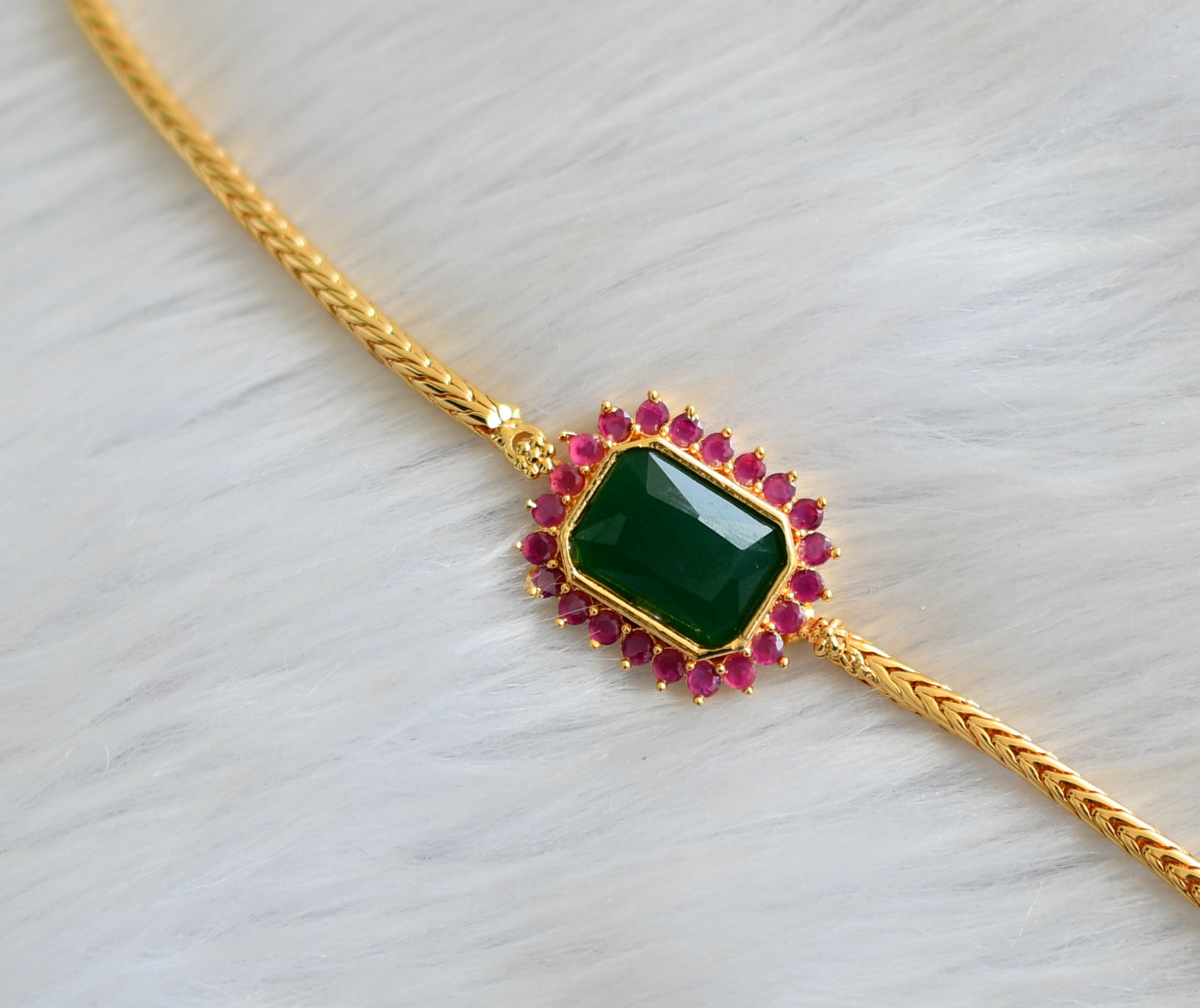 Gold tone ruby-green block stone mugappu chain dj-42136