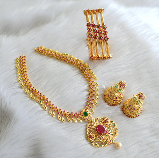 Gold tone ruby-emerald flower necklace combo set dj-43444
