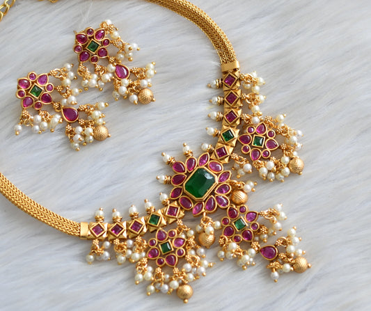 Matte finish kemp-green black stone gutta pusalu necklace set dj-42156