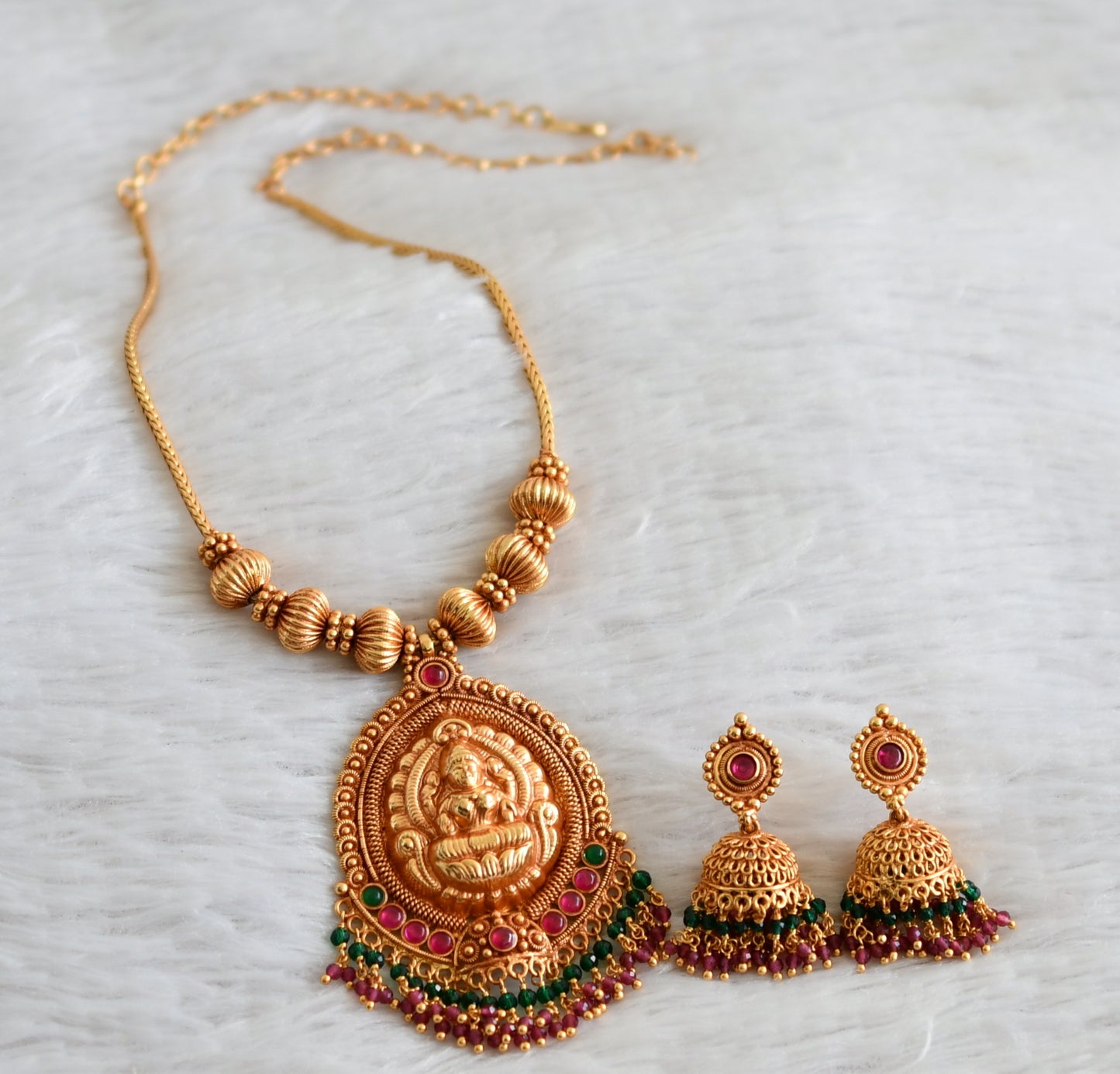 Gheru finish kemp-green stone lakshmi kodi necklace set dj-48450
