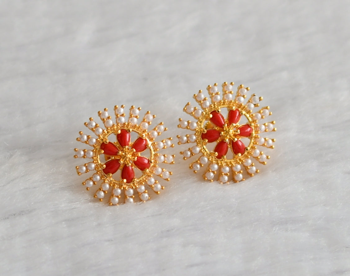 Gold tone corl-pearl round flower earrings dj-46698