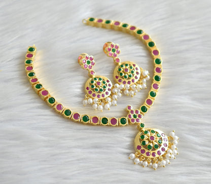 Gold Tone Ruby-emerald South Indian Style Attigai/Necklace Set DJ28350