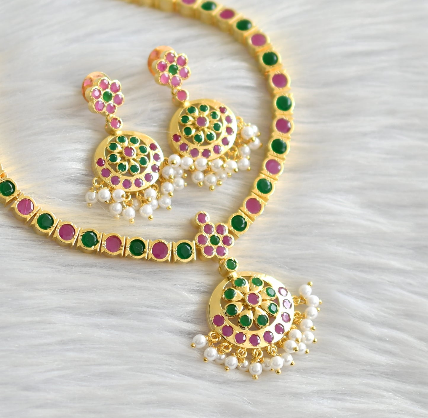 Gold Tone Ruby-emerald South Indian Style Attigai/Necklace Set DJ28350